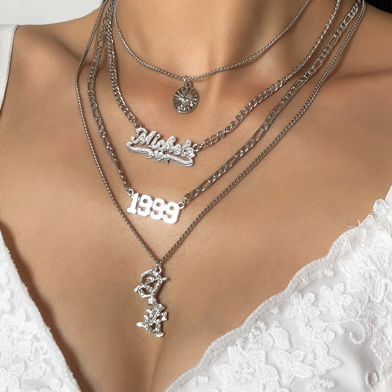 

4pcs Letter Decor Necklace, Silver