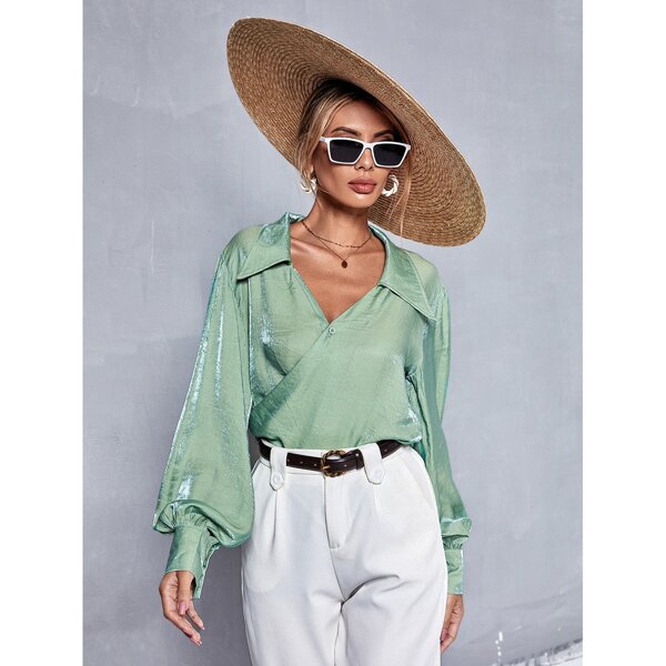 

Solid Surplice V Neck Satin Tie Back Bishop Sleeve Blouse, Mint green