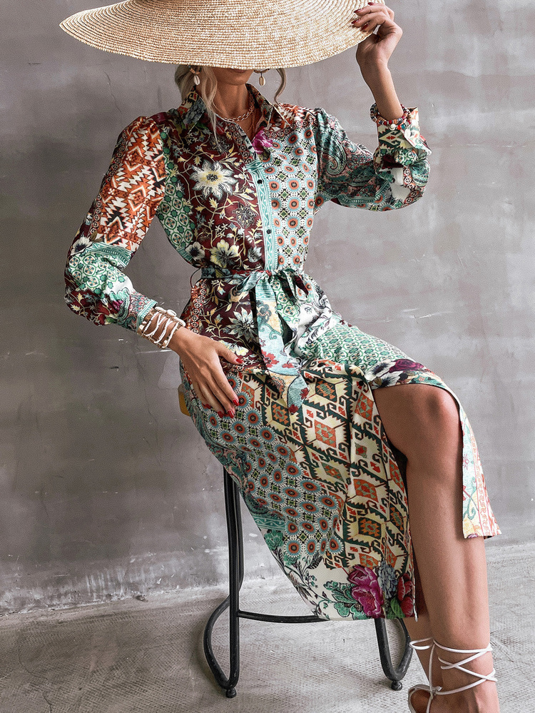 Robe chemise à imprimé fleuri et géométrique ceinturée - Multicolore - Voir 3