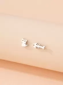 貓和魚骨耳釘 - 銀色 - 查看 1