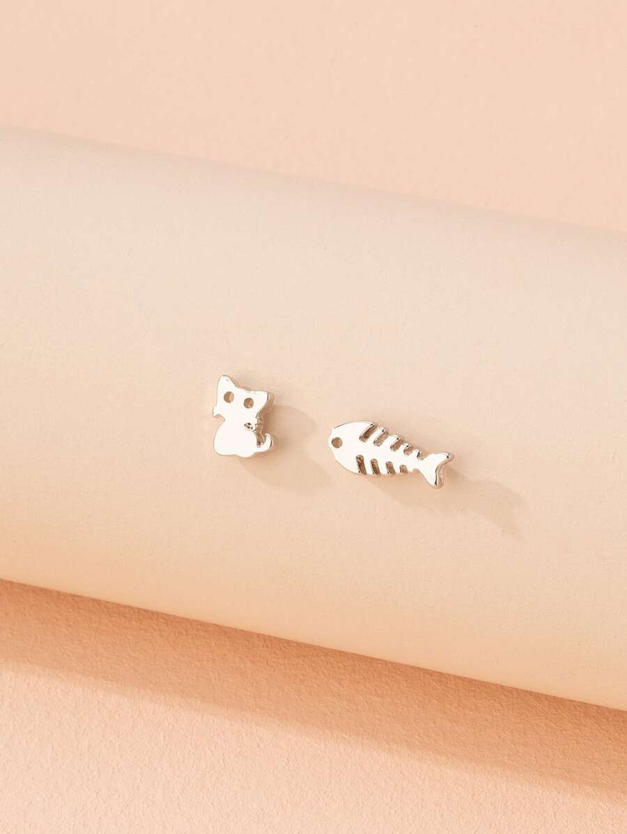 貓和魚骨耳釘 - 銀色 - 查看 1
