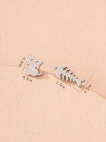 貓和魚骨耳釘 - 銀色 - 查看 3