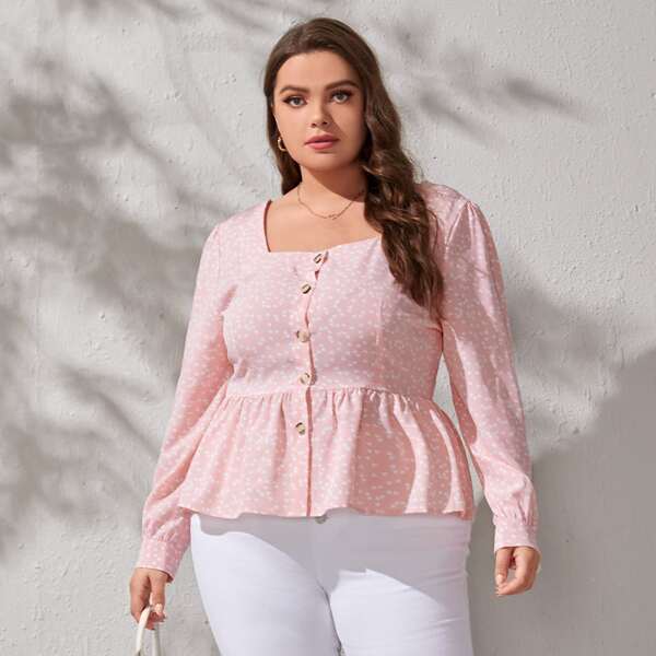 

Plus Heart Print Ruffle Hem Square Neck Blouse, Baby pink