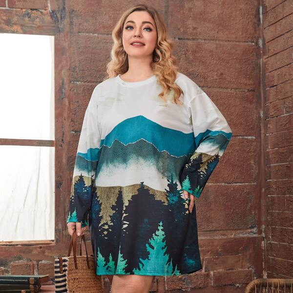 

Plus Landscape Print Drop Shoulder Tee Dress, White