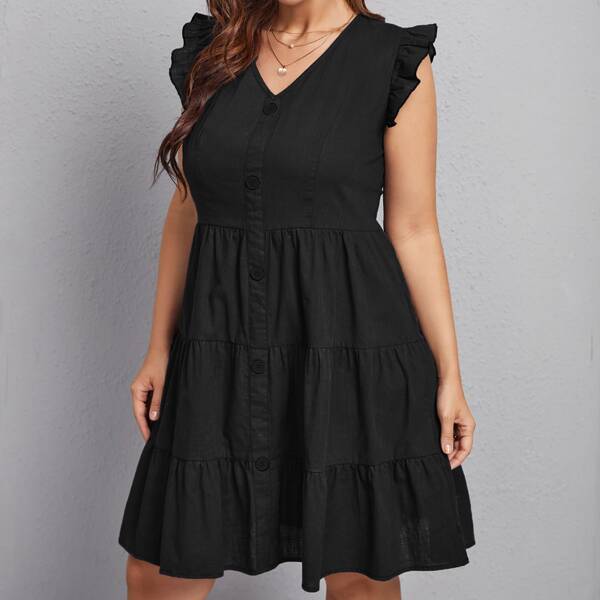 

Plus Solid Ruffle Trim Button Detail Dress, Black