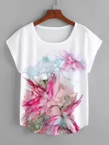 SHEIN LUNE Plus Floral Print Batwing Sleeve Tee - White - View 1