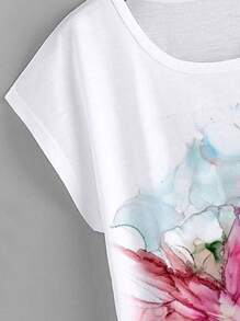 SHEIN LUNE Plus Floral Print Batwing Sleeve Tee - White - View 3