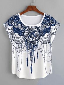 SHEIN LUNE Camiseta con estampado de dibujo de manga murciélago - Azul y blanco - Ver 1