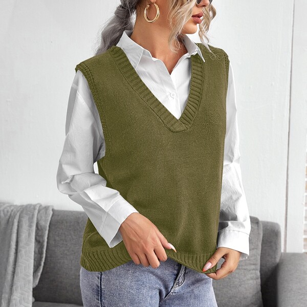 

V Neck Solid Sweater Vest Without Blouse, Army green