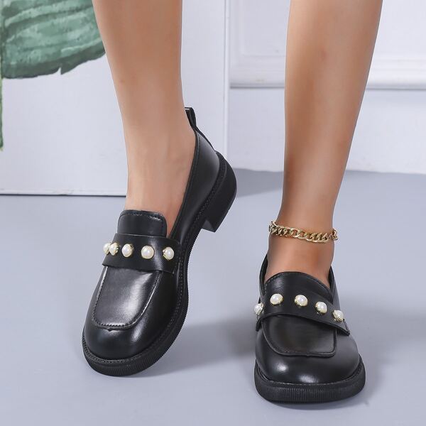 

Faux Pearl Decor Loafers, Black
