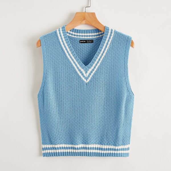 

V Neck Striped Pattern Sweater Vest, Baby blue