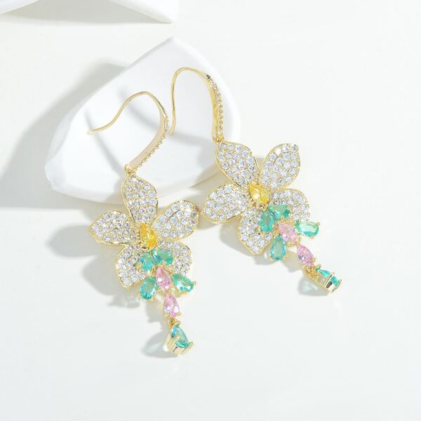 

14K Gold Plated Zircon Flower Drop Earrings