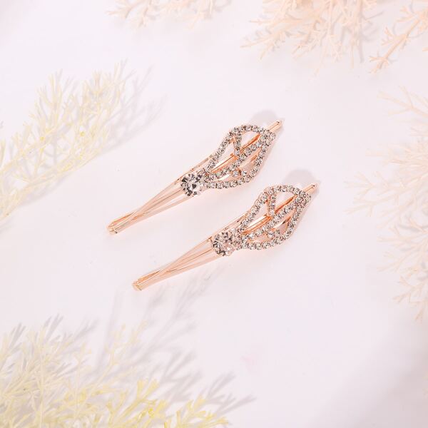 

2pcs Rhinestone Leaf Decor Hair Clip, Rose gold