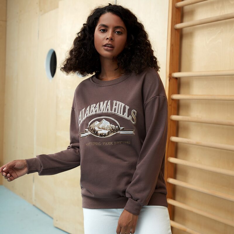 

Letter & Graphic Print Drop Shoulder Pullover, Chocolate brown