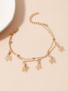 Rhinestone & Butterfly Charm Layered Anklet - Yellow Gold - View 2
