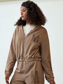 SHEIN EZwear 字母刺繡貼布拉鏈連帽衫 - 摩卡棕 - 查看 1