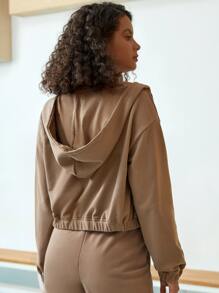 SHEIN EZwear 字母刺繡貼布拉鏈連帽衫 - 摩卡棕 - 查看 2