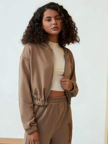 SHEIN EZwear 字母刺繡貼布拉鏈連帽衫 - 摩卡棕 - 查看 3