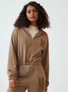 SHEIN EZwear 字母刺繡貼布拉鏈連帽衫 - 摩卡棕 - 查看 4