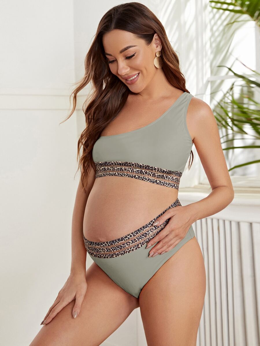 SHEIN Maternity Leopard Mesh Trim One Shoulder Bikini Set, Maternity Bathing Suit Summer Beach - Light Grey - View 1