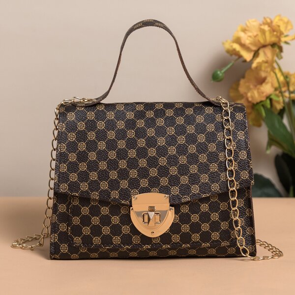 

Allover Print Twist Lock Chain Satchel Bag, Brown