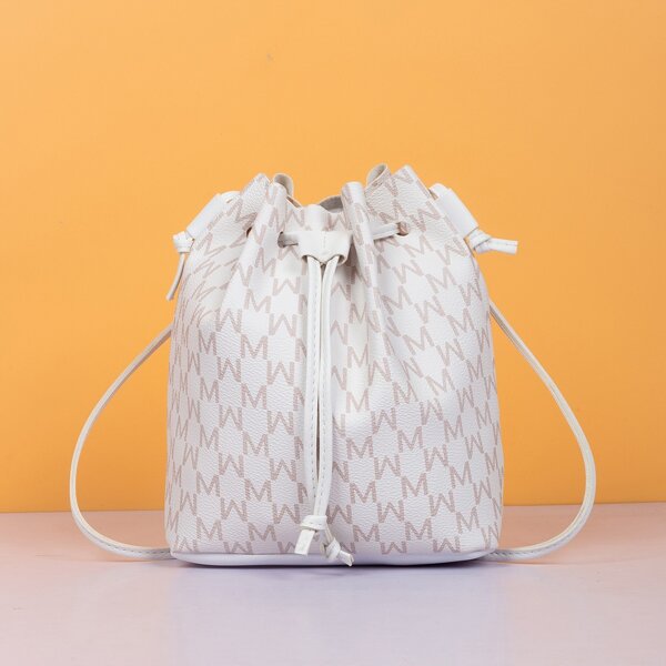 

Letter Graphic Drawstring Design Bucket Bag, Beige