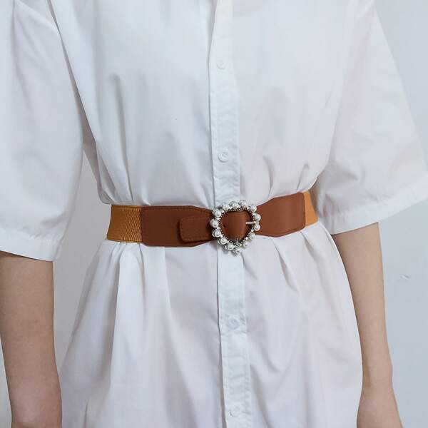 

Faux Pearl Decor Corset Belt, Brown