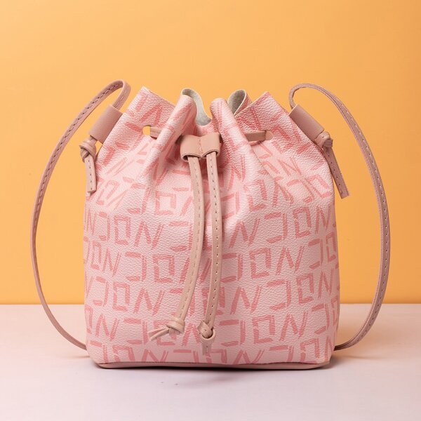 

Letter Graphic Drawstring Design Bucket Bag, Pink