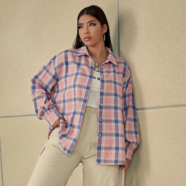 

Plus Plaid Drop Shoulder Blouse, Multicolor