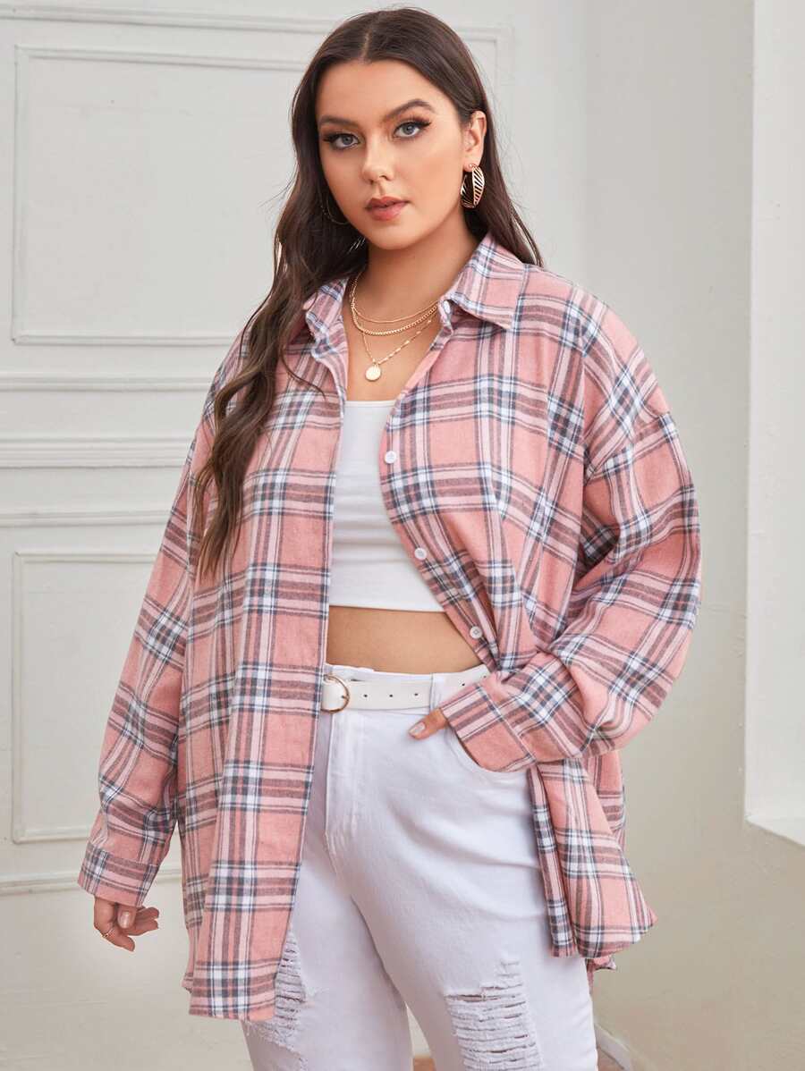 Calvaya Plus Tartan Plaid Button Up Tunic Shirt - Pink - View 1