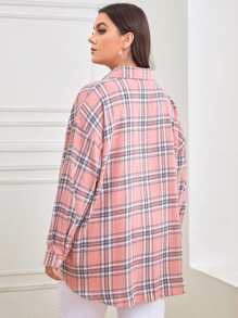 Calvaya Plus Tartan Plaid Button Up Tunic Shirt - Pink - View 2
