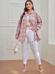 Calvaya Plus Tartan Plaid Button Up Tunic Shirt - Pink - View 3