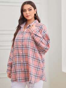 Calvaya Plus Tartan Plaid Button Up Tunic Shirt - Pink - View 4