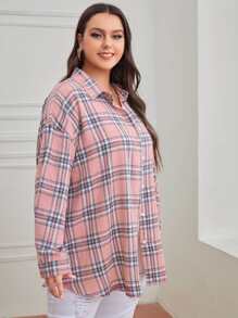 Calvaya Plus Tartan Plaid Button Up Tunic Shirt - Pink - View 5