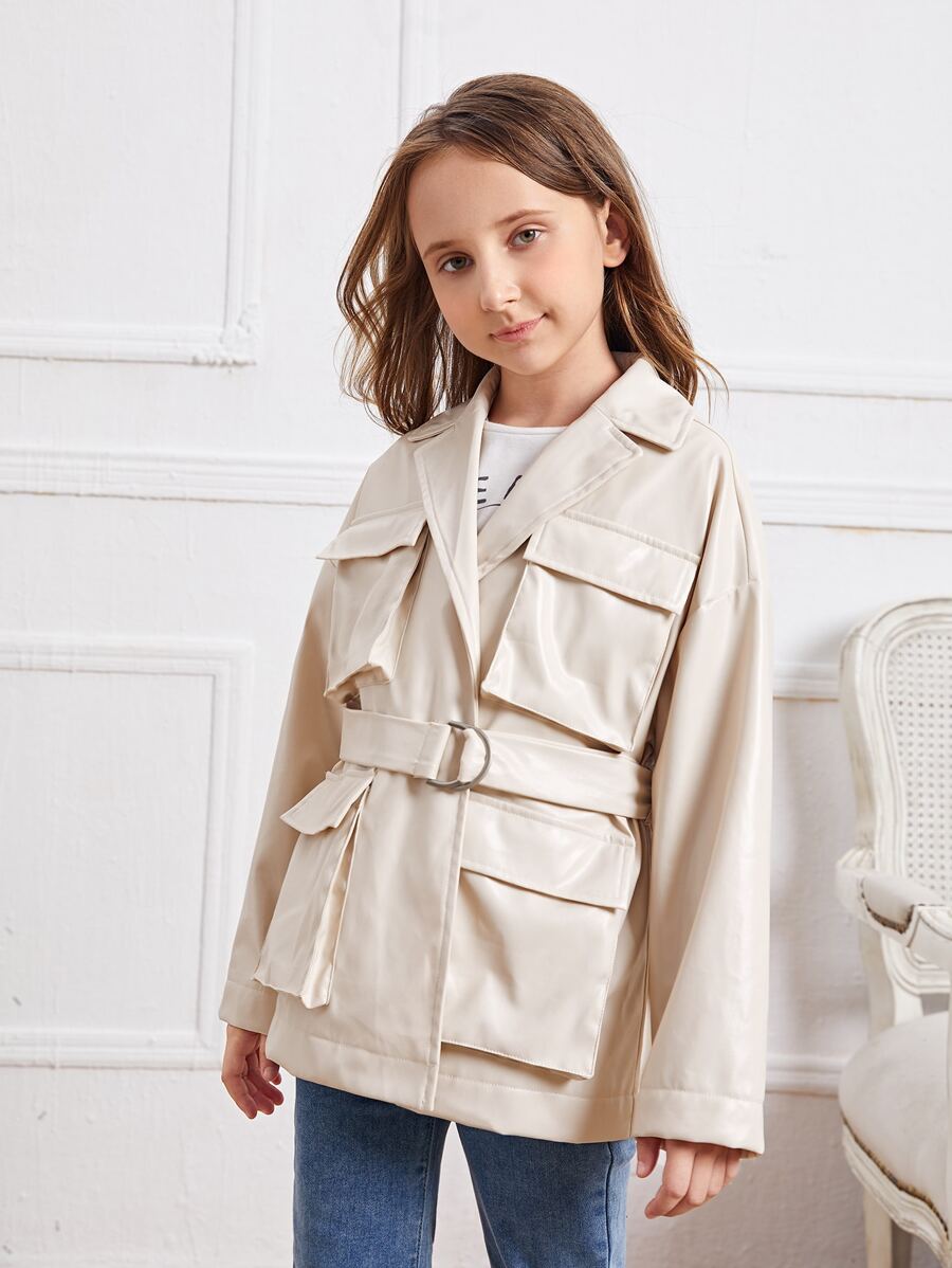 SHEIN 女孩西裝領翻蓋口袋腰帶PU皮革外套