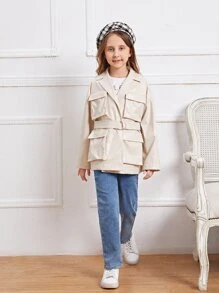 SHEIN 女孩西裝領翻蓋口袋腰帶PU皮革外套