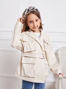 SHEIN 女孩西裝領翻蓋口袋腰帶PU皮革外套