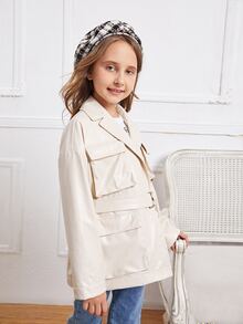 SHEIN 女孩西裝領翻蓋口袋腰帶PU皮革外套