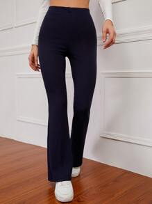 SHEIN EZwear High Waist Ribbed Knit Flare Leg Trousers - Navy Blue - View 1