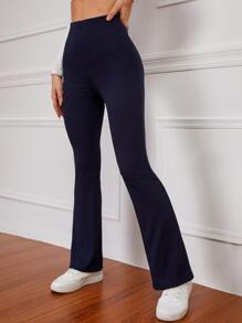SHEIN EZwear High Waist Ribbed Knit Flare Leg Trousers - Navy Blue - View 5