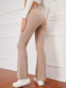 SHEIN EZwear Quần nữ Gân đan màu trơn Giải trí - Màu Khaki - Xem 2