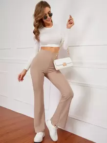 SHEIN EZwear Quần nữ Gân đan màu trơn Giải trí - Màu Khaki - Xem 4