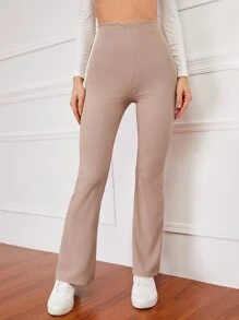 SHEIN EZwear Quần nữ Gân đan màu trơn Giải trí - Màu Khaki - Xem 5