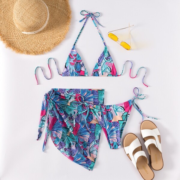 

3pack Plant Print Triangle Bikini Swimsuit & Beach Skirt, Multicolor