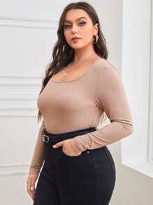 Camiseta tejido de canalé de cuello scoop - Caqui - Ver 1