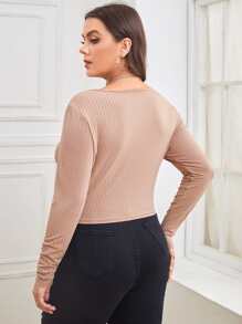 Camiseta tejido de canalé de cuello scoop - Caqui - Ver 2