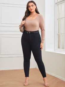 Camiseta tejido de canalé de cuello scoop - Caqui - Ver 3