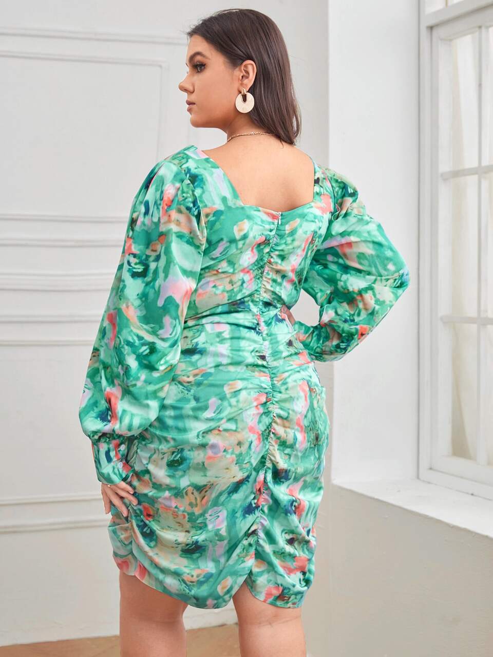 Plus Tie Dye Sweetheart Neck Lantern Sleeve Ruched Bodycon Dress
