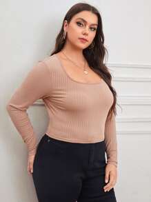 Camiseta tejido de canalé de cuello scoop - Caqui - Ver 4