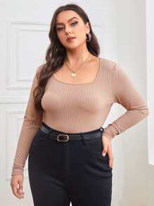 Camiseta tejido de canalé de cuello scoop - Caqui - Ver 5
